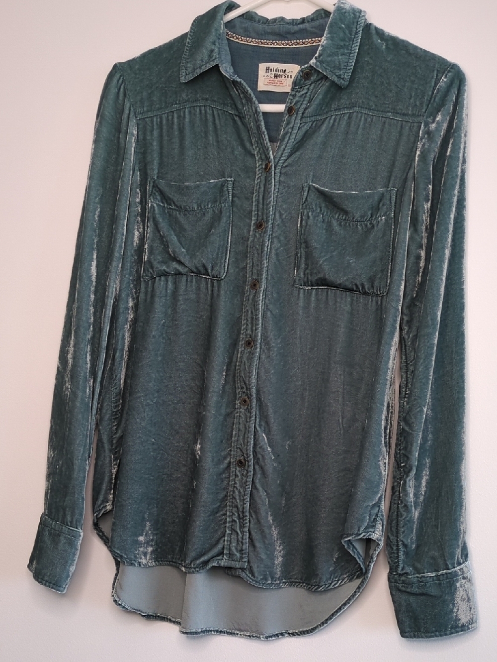 Holding Horses | Crushed Dusty Aqua Button Front Shirt | XS | Anthropologie